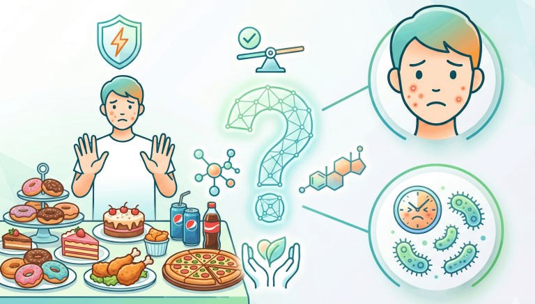 Cartoon of a worried person at a table full of donuts, cake, pizza and sodas.