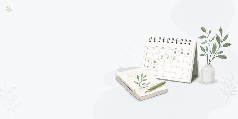 Desk scene with a spiral-bound calendar, an open notebook with leaf illustrations, a green pencil, and a vase of leaves on a pale surface?