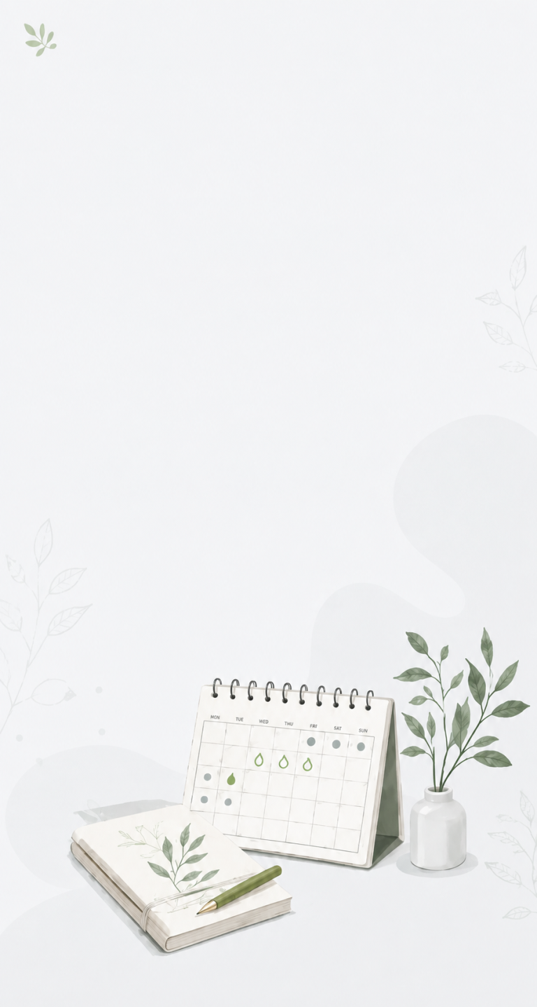 Soft, light-themed desk scene with a small calendar, open notebook, green pencil, and potted plant on a white surface.