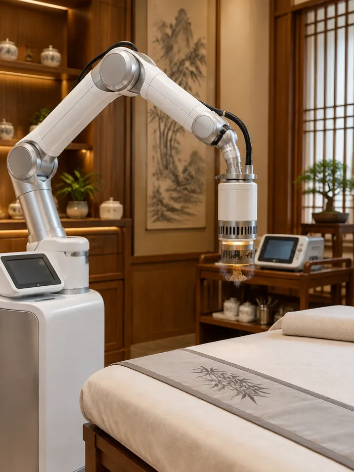 中醫診療室內嘅 AI 艾灸機器人治療臂同艾條
