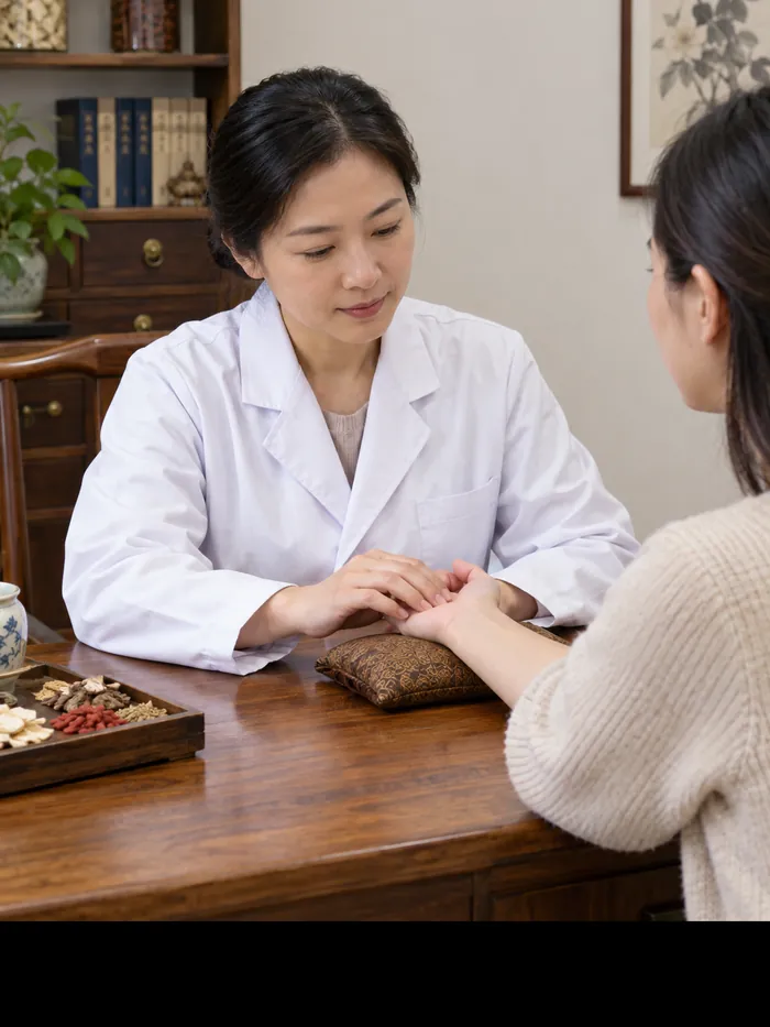 A healthcare professional in a white coat gently holds a patient’s hand during a consultation at a wooden table with herbs nearby.