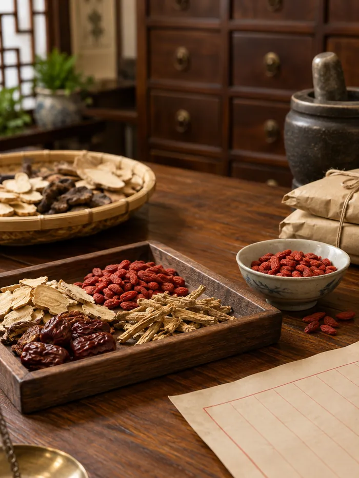 Assorted dried herbs and berries on a wooden tray in a traditional apothecary setting, including red goji berries and root-like pieces.