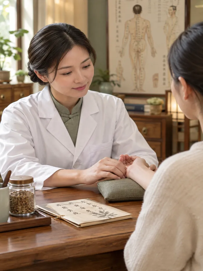 註冊中醫師為女患者把脈問診,診症檯上放有婦科調理中藥方同穴位圖