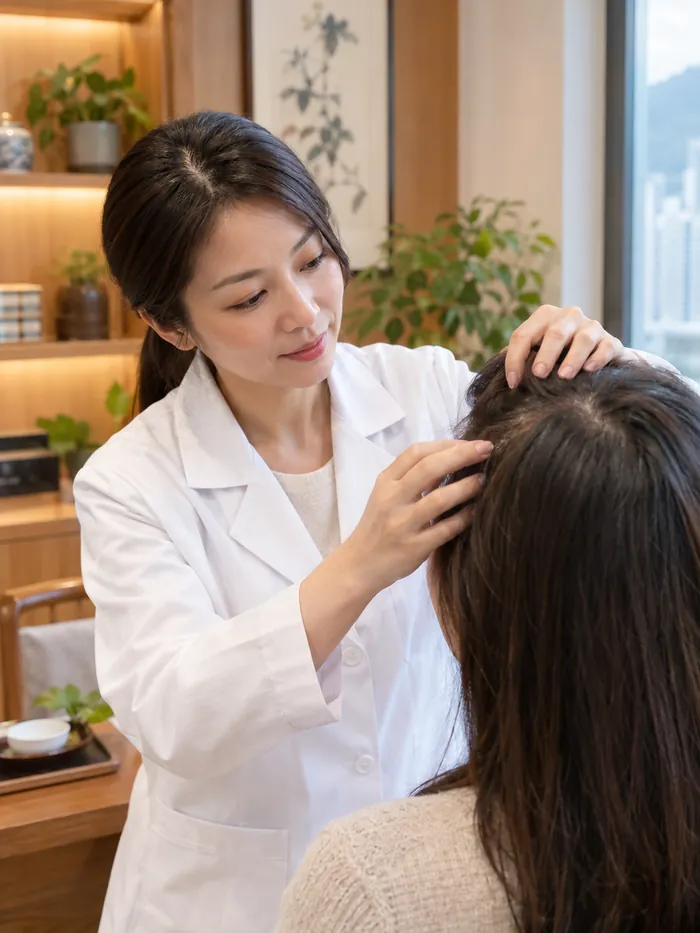 Female clinician in a white coat examines a patient's scalp, lifting hair in a clinic setting.