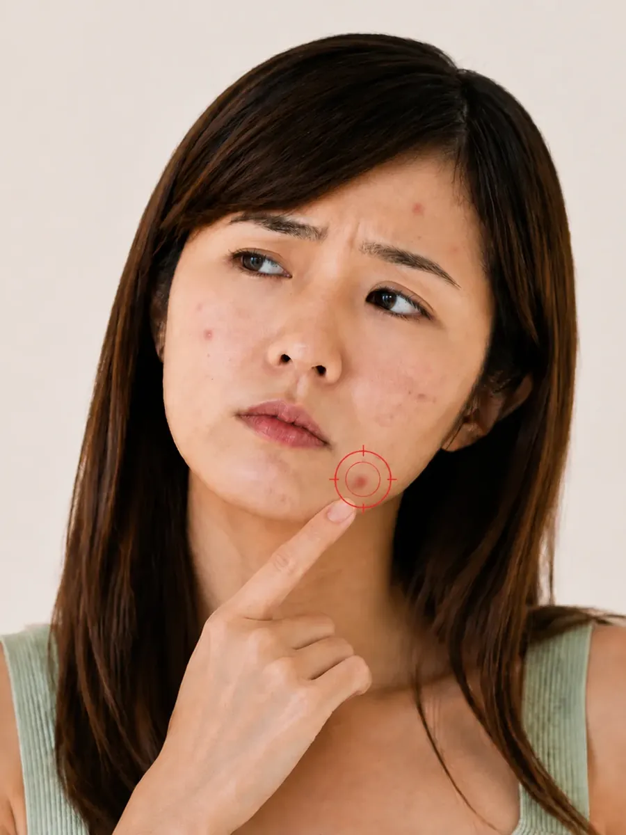 面上長有暗瘡的年輕女士以手指指向下巴暗瘡