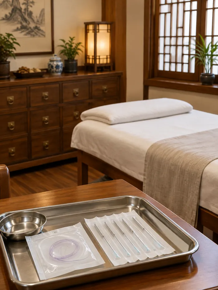 Spa treatment room with a massage bed and a stainless tray holding sterile acupuncture supplies and cases on a wooden cart