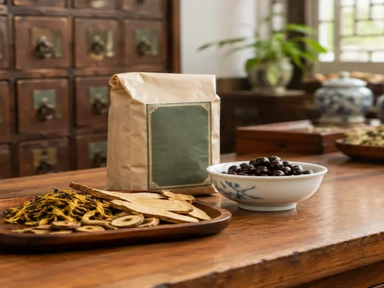 Brown paper bag of tea sits on a wooden table next to a bowl of dark olives and a platter of dried herbs, with a vintage cabinet in the background.