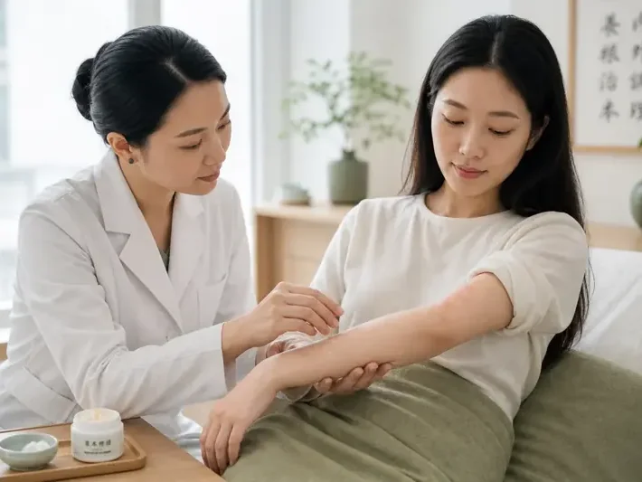 中醫師仔細檢視客人手臂皮膚狀況