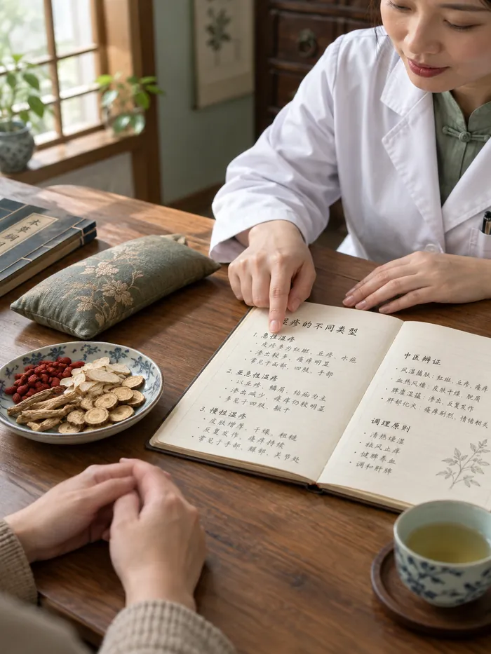 中醫診所桌上放有中藥材、脈枕同記錄濕疹分型嘅筆記，醫師正在為患者講解