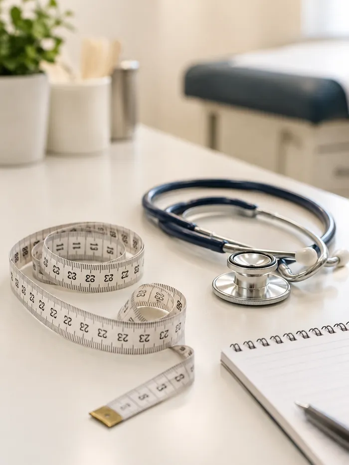 Close-up of a stethoscope and a white measuring tape on a white clinic desk, with a notebook and pen nearby.